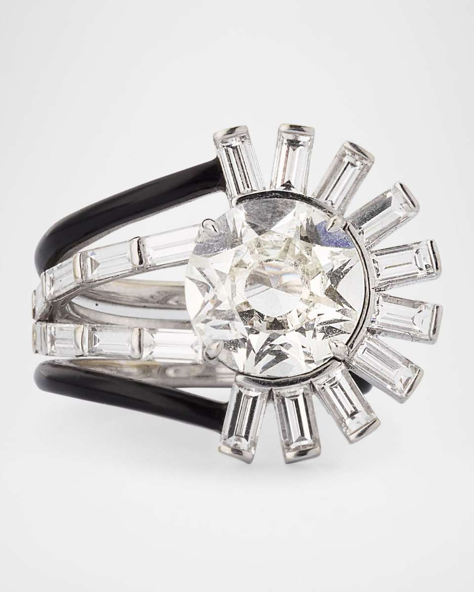 18K White Gold Oui Ring with Mixed White Diamonds and Black Enamel